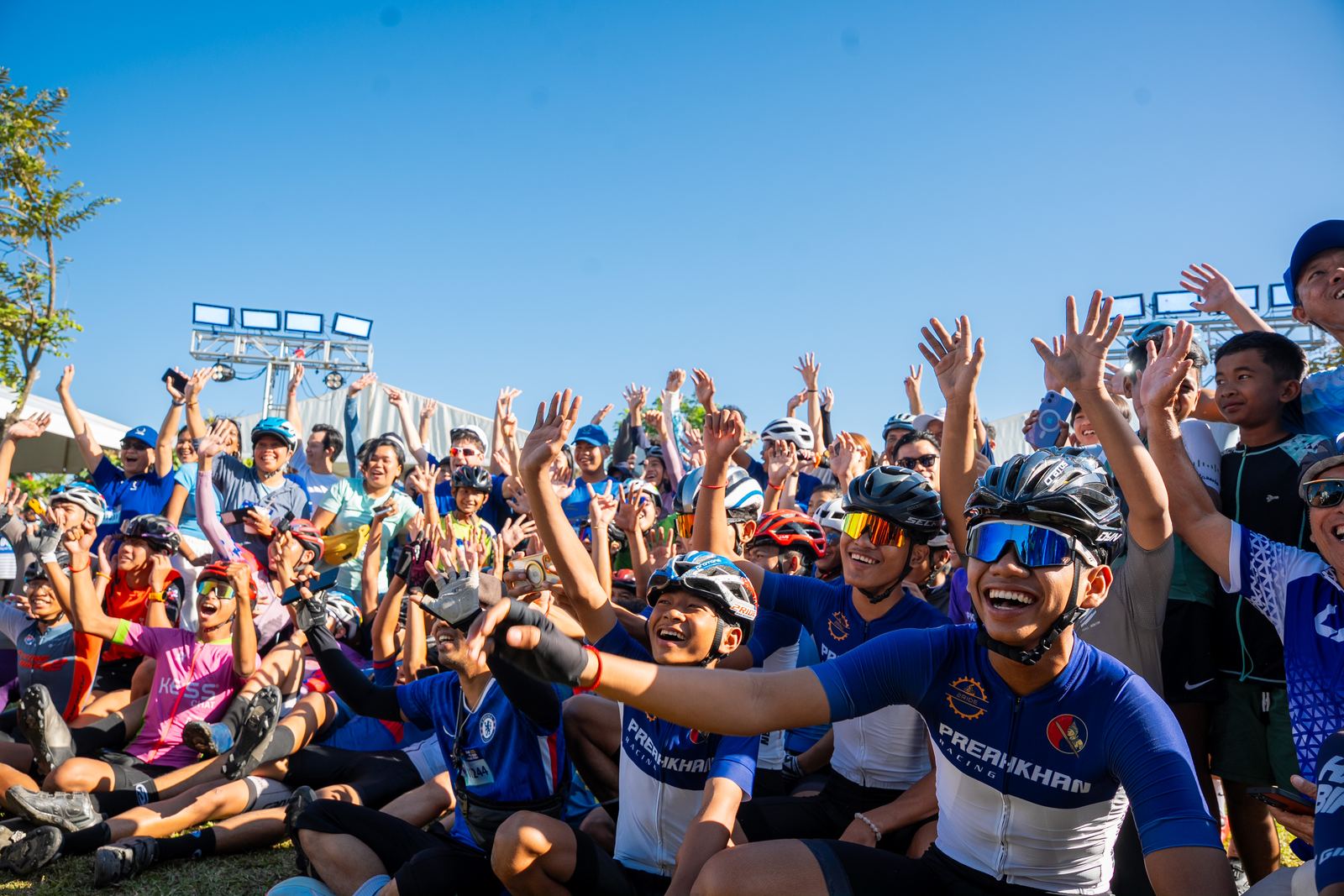 Riders cheering at the finish